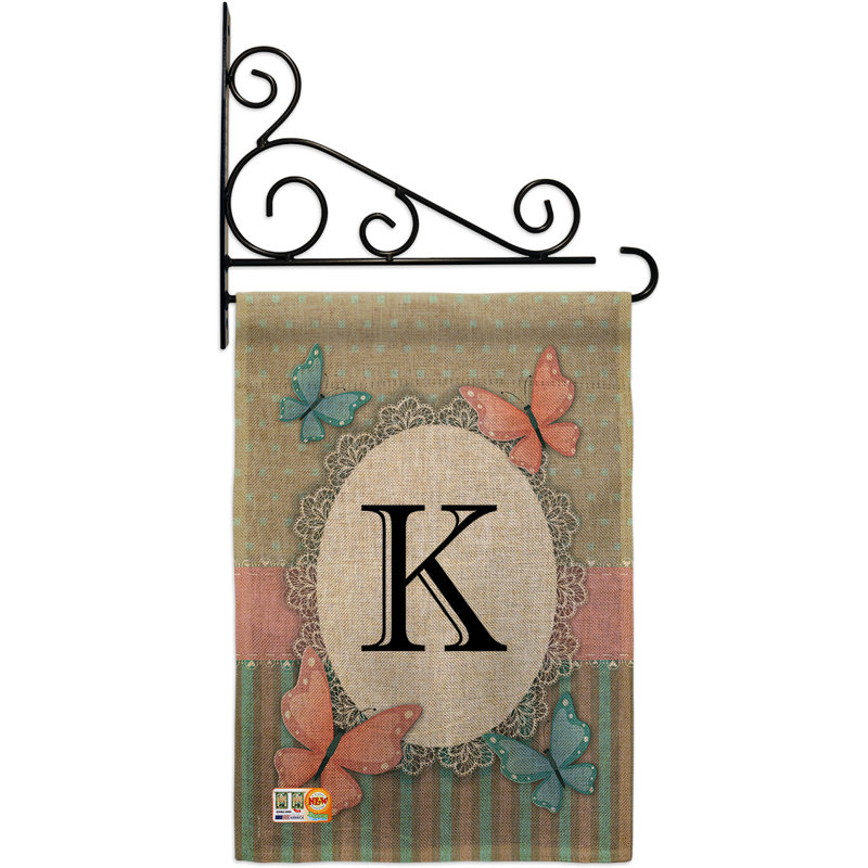 Papillons et initiale 2 côtés en toile jute 19 x 13 po drapeau de jardin, K