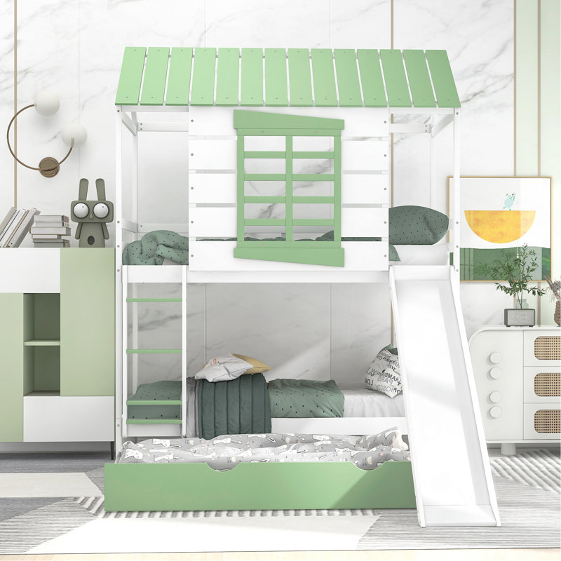 Lit superposé simple au-dessus de simple avec glissière convertible et lit gigogne, blanc et vert