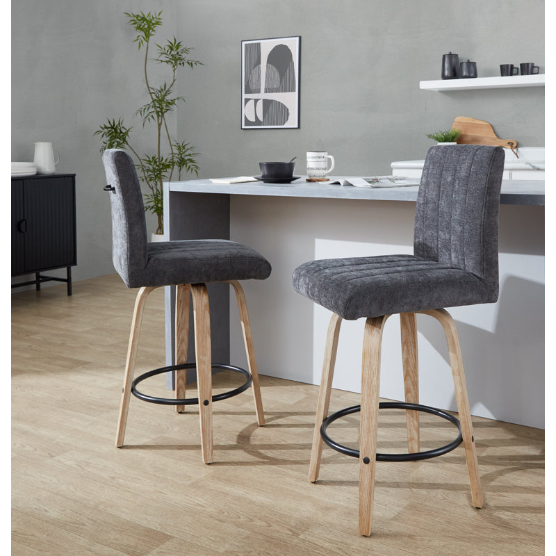 Hank 26" Fixed-Height Counter Stool With Bent Wood Legs - Set Of 2, Black Seat/Whitewashed Frame