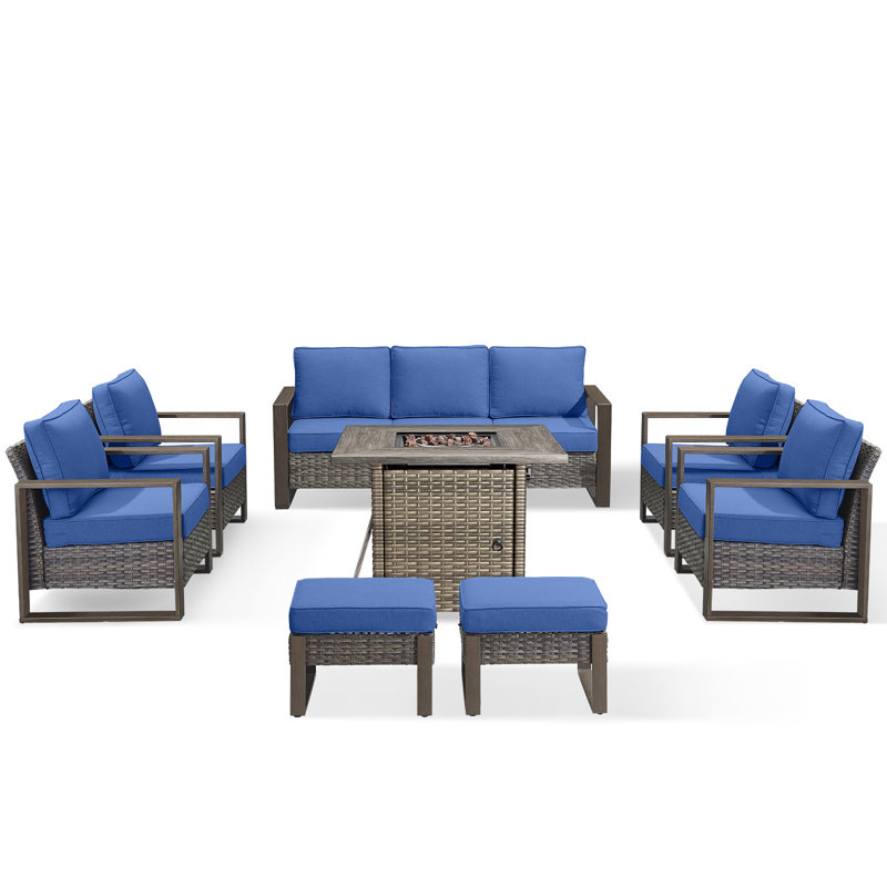 Palomares 8-Piece Outdoor Wicker Patio Square Fire Pit Conversation Set With 4 Armchairs And 2 Ottomans, Gray, Blue