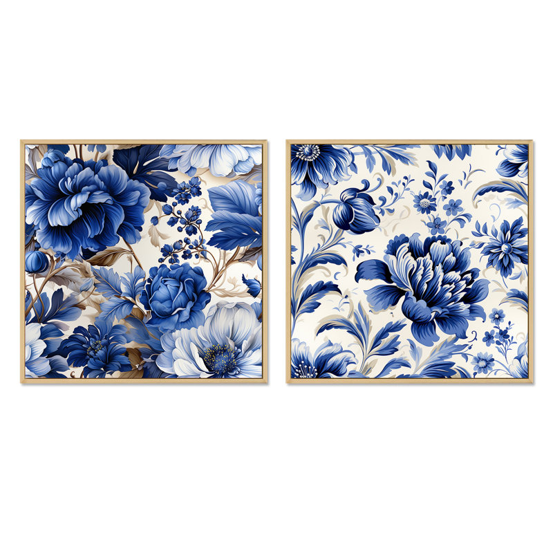 Peacehaven - Ensemble de 2 collages floraux carrés, Cadre flottant brun, H 36 po x l 73 po