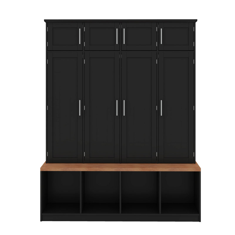 Farmhouse Hall Tree With Hanging Hooks, Mudroom Bench With Open Compartments, Black