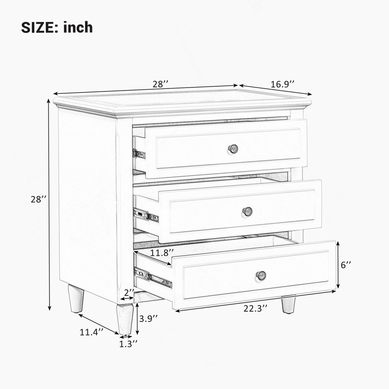 Armoire de rangement en bois à 3 tiroirs avec table de chevet, Noir