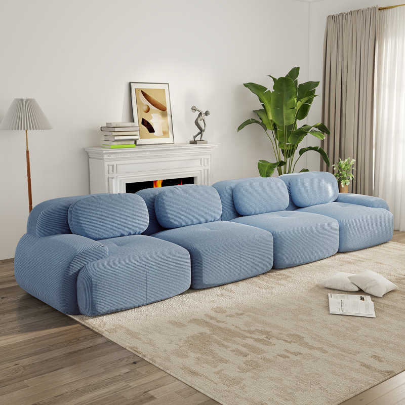 Canapé modulaire en velours côtelé 4 places avec design moderne bleu ciel doux sans assemblage pour les salons et les chambres