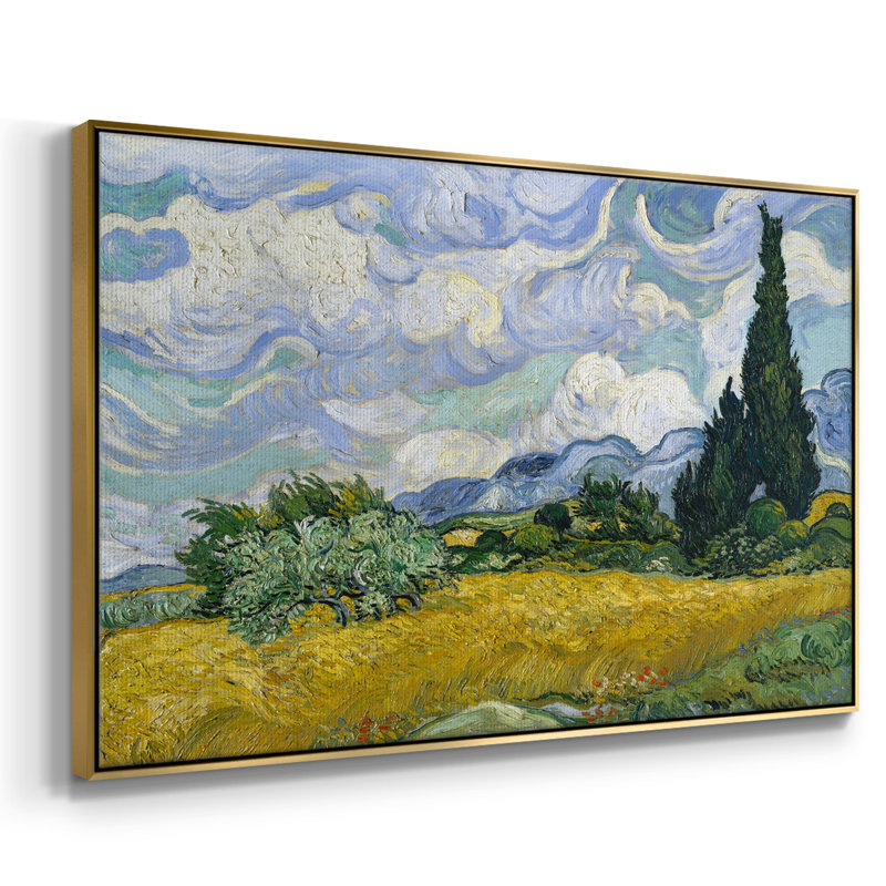 Champ de blé avec cyprès, H 27 po x l 41 po x P 2 po, Or