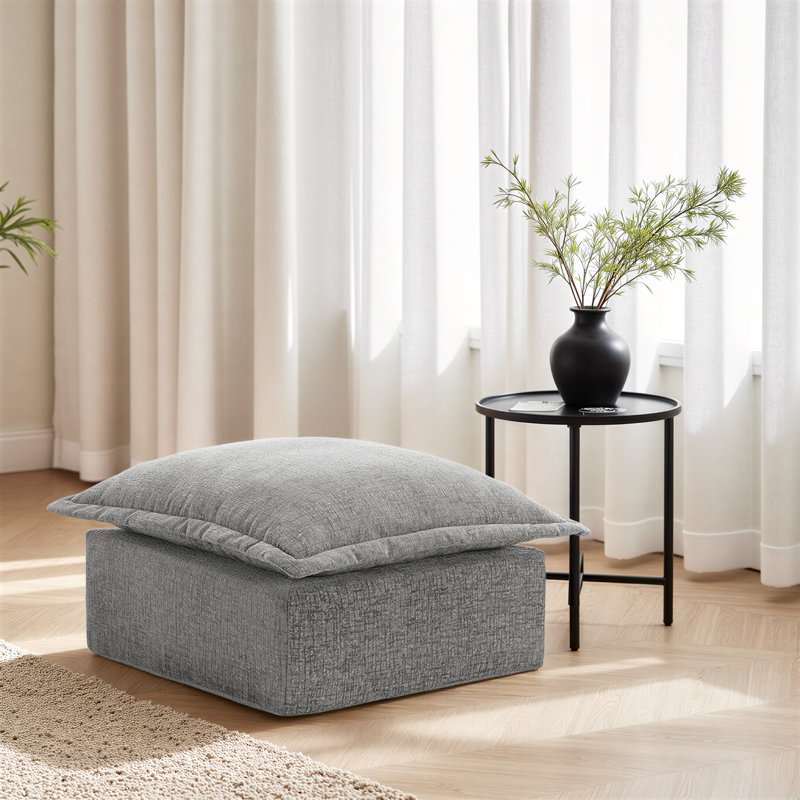 Upholstered Gray Chenille Square Ottoman with Oversized Soft Cushion Top – Fully Compressed, No Assembly Required, Gray 