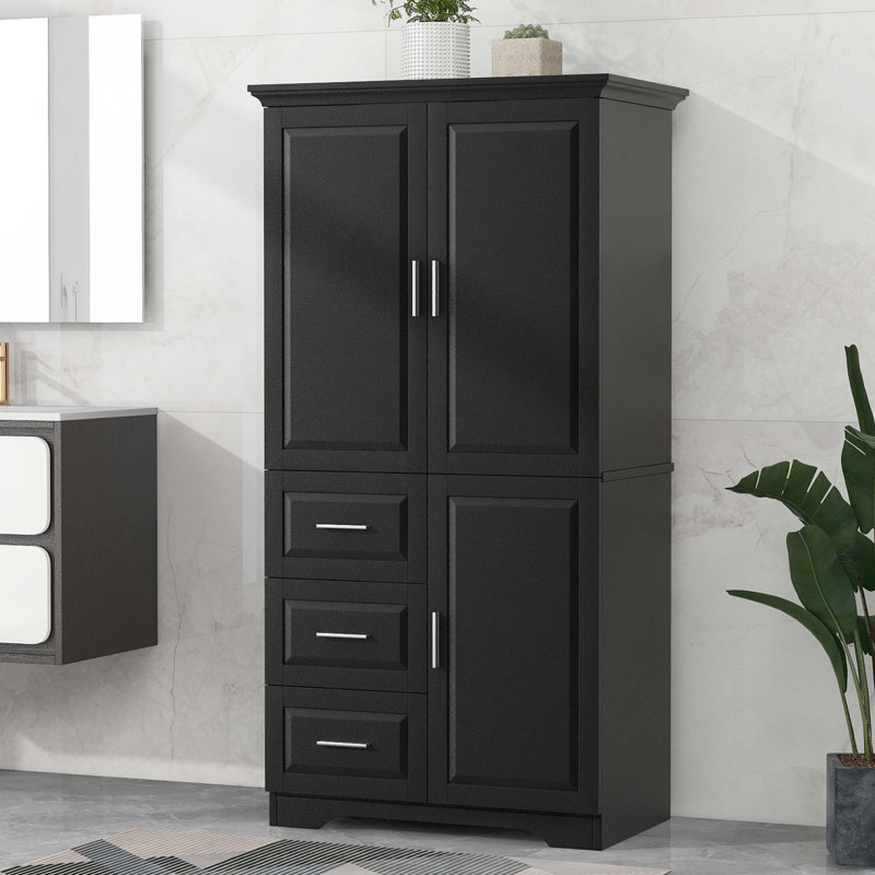 Tall And Wide Storage Cabinet With 3 Drawers Doors Adjustable Shelf For Bathroom Office Kitchen, Black