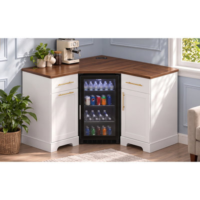 K&K L Shaped Corner Bar Cabinet w/ Mini Fridge Cutout, Home Coffee Bar Station w/ Tilt Out Trash Bin Storage & Built-in Power Outlet, Corner Liquor Cabinet for Kitchen Dining Room, White & Walnut