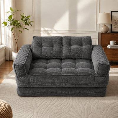 Canapé modulable 2 places en velours côtelé orange avec méridienne, 130 cm (51,18 po), canapé de sol convertible 2 en 1 sans structure, canapé double confortable avec accoudoirs pour salon, chambre, appartement, salle de jeux ou chambre d'amis