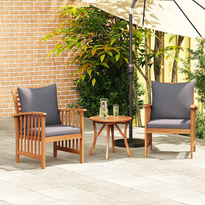 Ensemble de 2 chaises de salle à manger d'extérieur vidaXL, en bois d'acacia massif, avec coussins gris, conception à lattes de finition naturelle, pour les sièges en bois de patio contemporain
