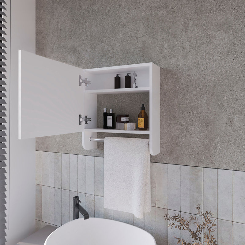 Pine Medicine Cabinet In Melamine With A Towel Bar And Included Mirror, White, White