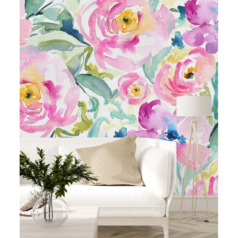 Panneau de papier peint adhésif L 8,33 pi x l 100 po Watercolor Summer Flowers, L 8,33 pi x l 100 po