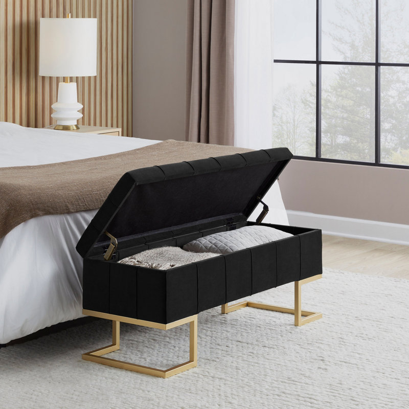 Banc de rangement en métal doré et velours noir