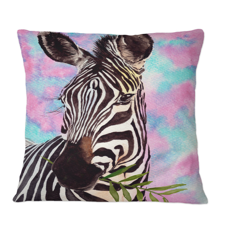 Portrait d'un zèbre sur un coussin décoratif imprimé bleu et rose, 16 po x 16 po