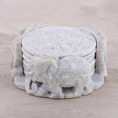 Marble Round 6 Piece Coaster Set With Holder