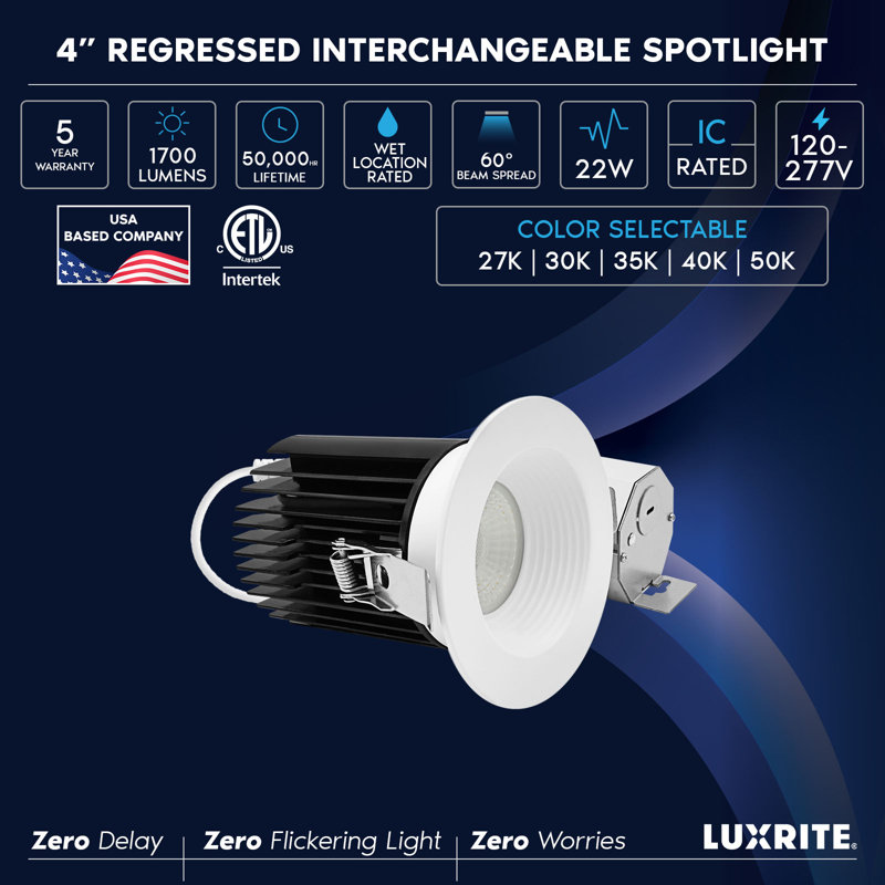 Éclairage encastré DEL 4 po LUXRITE, projecteur sans lumière régressé, 5CCT, 60º, 22W, 1700LM, garniture ronde blanche interchangeable, IC à intensité variable et humide