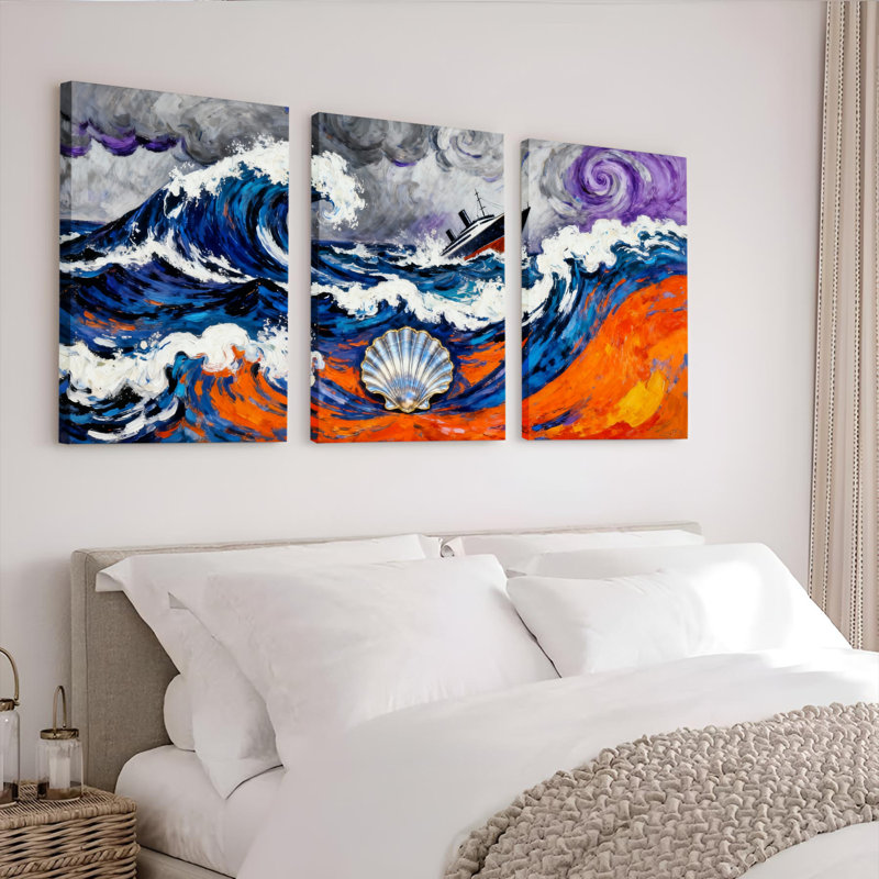 Ensemble de 3 tableaux sur toile représentant des vagues et un bateau, H 24 po x l 48 po
