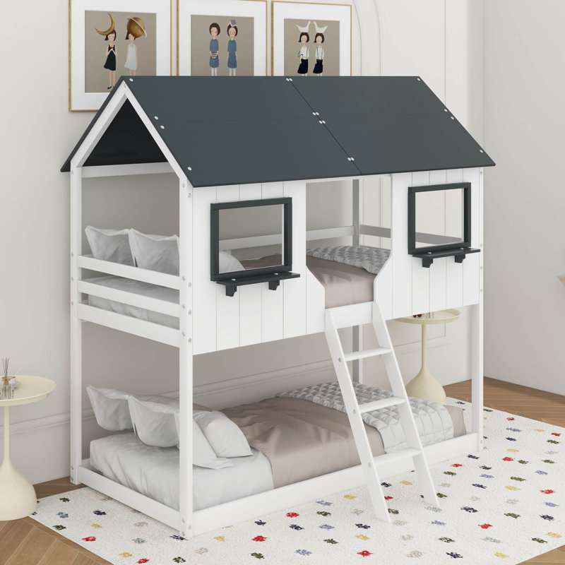 Twin Over Twin Bunk Bed Wood Bed With Roof, Window, Guardrail And Ladder, White