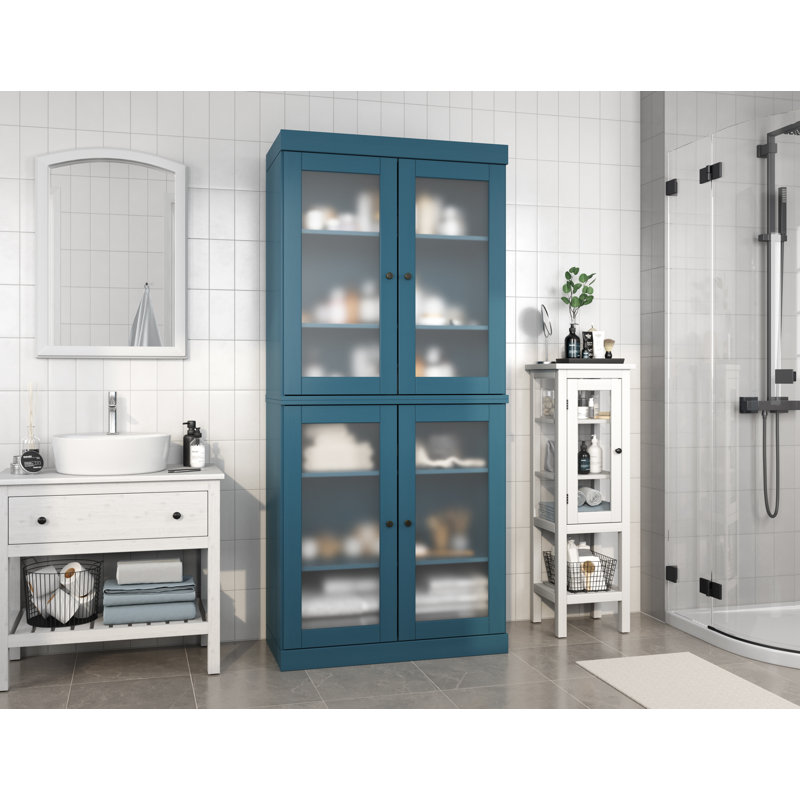 32" 100% Solid Wood Freestanding Bathroom Cabinet with Frosted Glass Doors & Adjustable Shelves – Modern Bathroom Storage