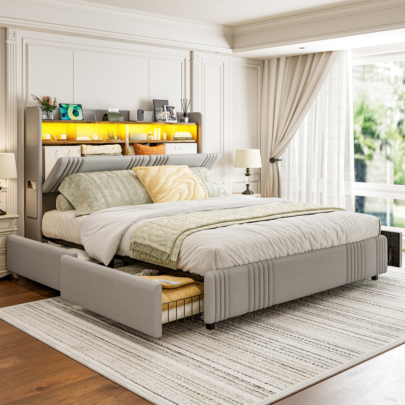 California King Size Bed Frames With Wingback Hidden Storage Headboard & 4 Storage Drawers, 49.2" Tall Upholstered Headboard With Led Lights And Charging Station, No Box Spring Needed, Solid Wood Slats, Noise Free, Light Grey