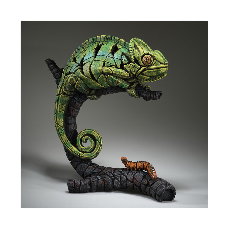Green and Black Resin Chameleon Figurine with Branch