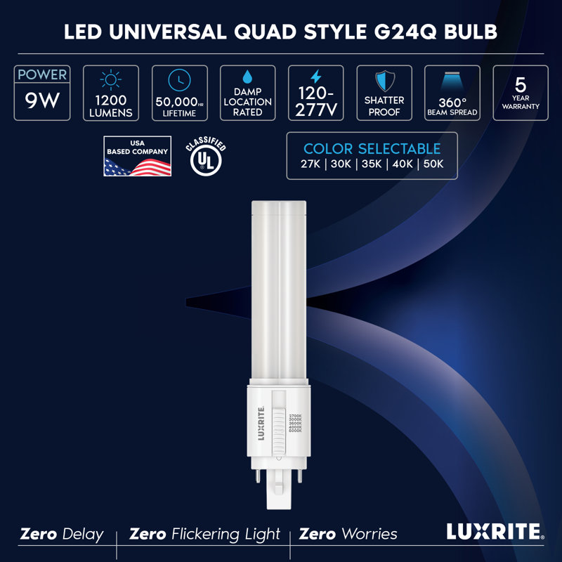 Ampoule DEL Luxrite Quad Style, base d'ampoule à 4 broches G24Q, type A + B, compatible avec ballast ou dérivation, 5CCT, 9W, 1200 lumens, 120-277V, paquet de 2