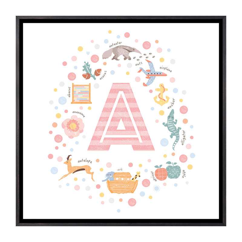 Lettre illustrée A - rose, Pas de tapis, Toile avec cadre noir patiné, H 37 po x l 37 po x P 1,5 po
