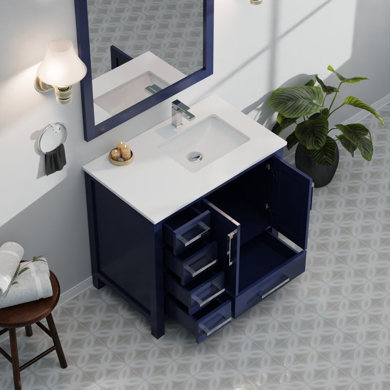 Bath Vanity with Right Offset White Quartz Top and Faucet Set, Navy Blue