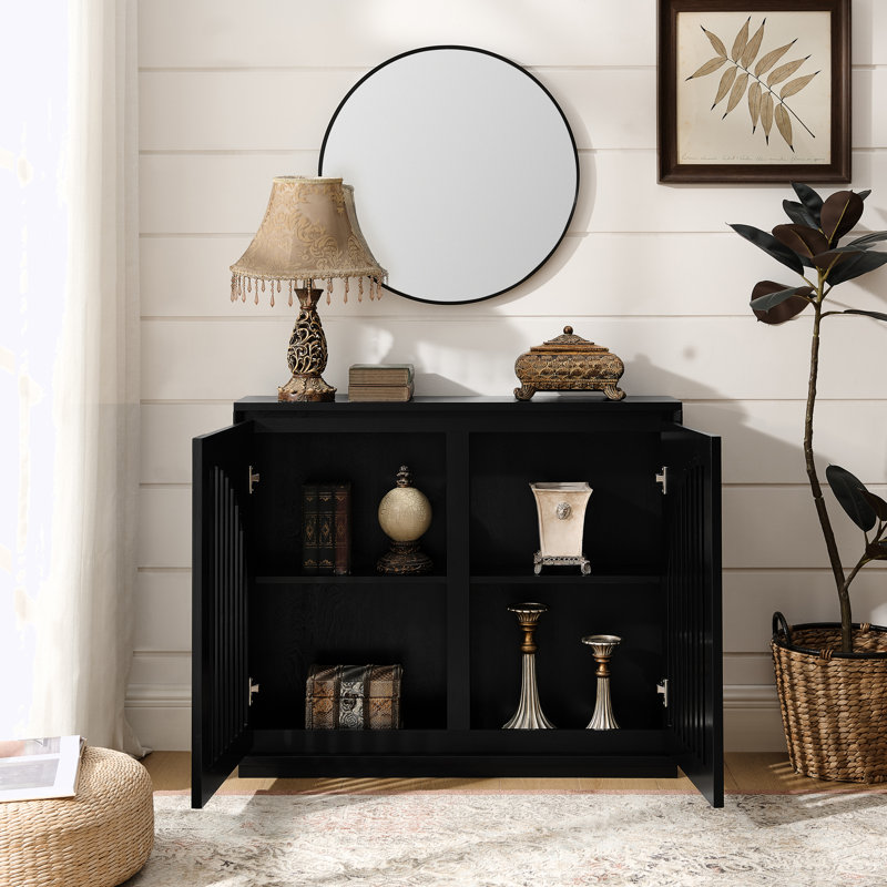 Buffet cannelé avec armoire de rangement étroite et 2 trous de sortie, Noir
