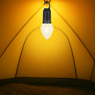 Lampe de camping rechargeable Festive Living, ampoule à DEL en forme de larme blanc chaud, port de charge USB-C, globe incassable sur mousqueton, 3 niveaux de luminosité