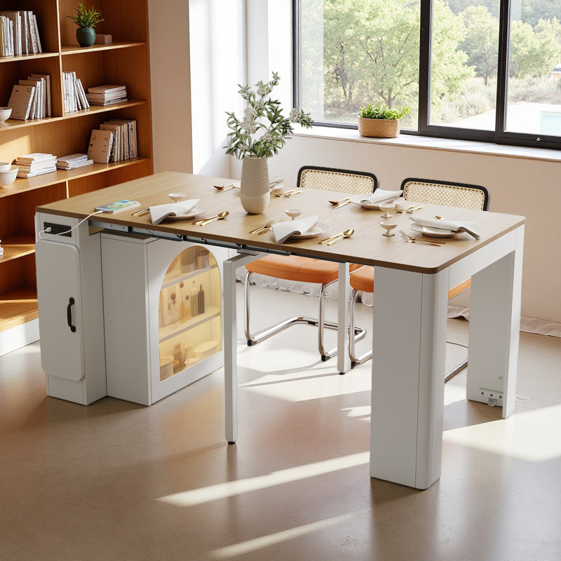 Table de salle à manger extensible avec 3 rallonges amovibles, table mobile pour îlot roulant avec prise de courant, armoire avec rangement pour la salle à manger