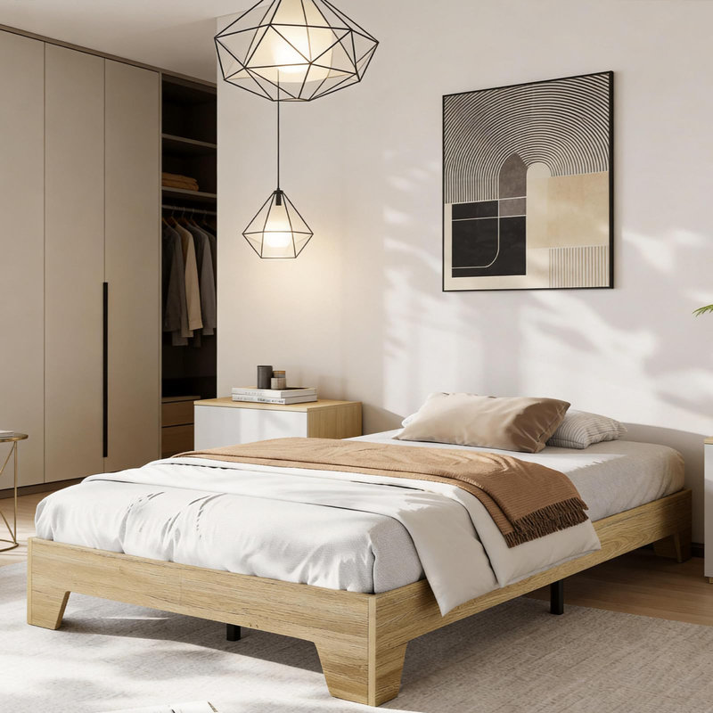 Simple base de lit plateforme en bois de taille XL, base de lit en bois sans tête de lit, silencieux, support de lattes en bois robuste, aucun sommier requis, assemblage facile