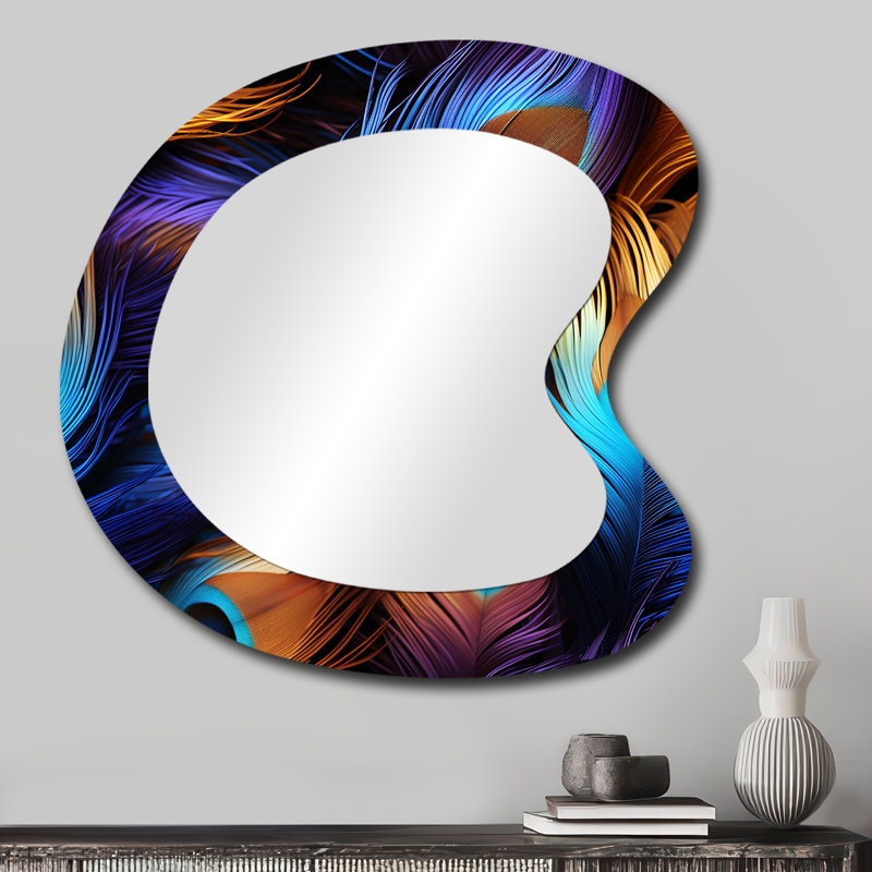 Plume de paon bleue et mauve éclatante - grand miroir mural asymétrique imprimé animal, miroir décoratif de forme unique bleu, impression sur métal