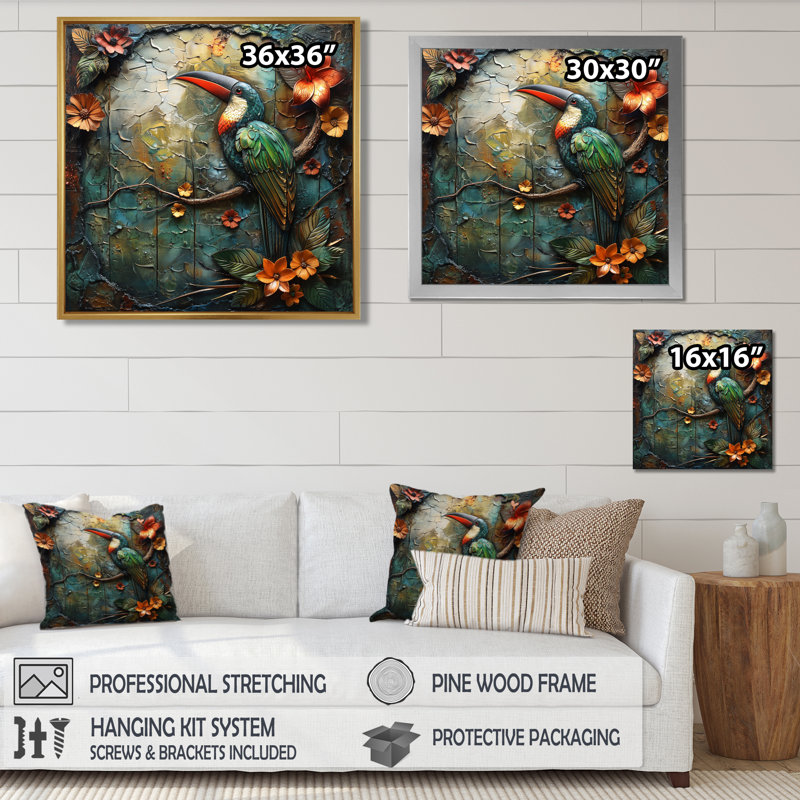 Vert, orange, forêt tropicale, radiance, Toucan - perroquet, art mural, salon, Toile argentée avec cadre flottant