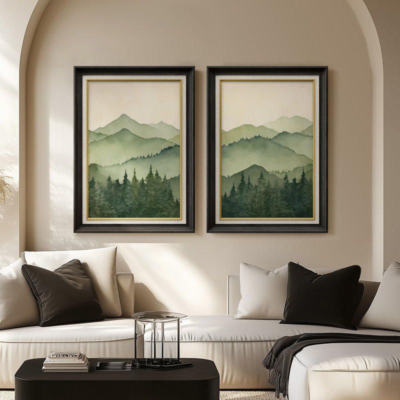 «Green Layered Mountains Serene Atmosp boule» - ensemble de 2 reproductions d'art encadrées de qualité supérieure sur papier 26 po x 36 po