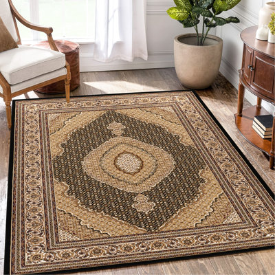 Tapis luxueux, noir, motif, 87 po Profondeur, polypropylène tissé à la machine, largeur de 63 po, salon 5 pi. 3 x 7 po, noir, fabriqué à la machine, classique, style traditionnel orné et animal de compagnie