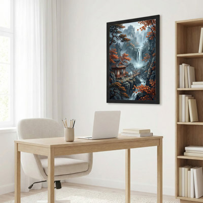 Art mural sur toile noir encadré pour le salon, la chambre à coucher, le bureau ou le vestibule - décoration murale décorative avec pavillon de montagne