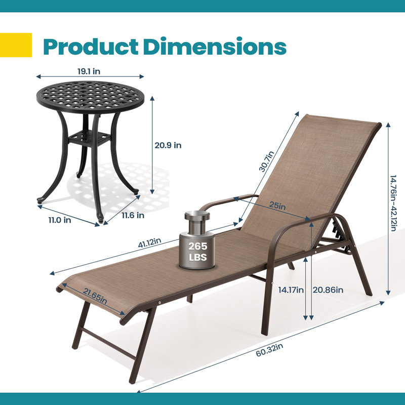 Chaise longue d'extérieur en aluminium avec table ronde, Brun