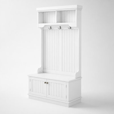 Arbre d'entrée 4 en 1 multifonctionnel avec banc à chaussures de rangement, crochets pour portemanteau, tablettes supérieures et armoire de rangement inférieure cachée, organisateur de vestibule avec range-chaussures