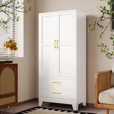 LEVNARY Armoire Wardrobe Closet With 2 Woven Doors, Wardrobe Cabinet Storage Drawers Hanging Rail Freestanding Wooden Bedroom White