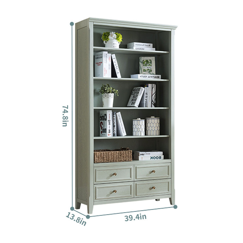 Bibliothèque en bois massif gris-vert rétro, (5 tablettes) H 74,8 po x l 39,4 po x P 12,8 po