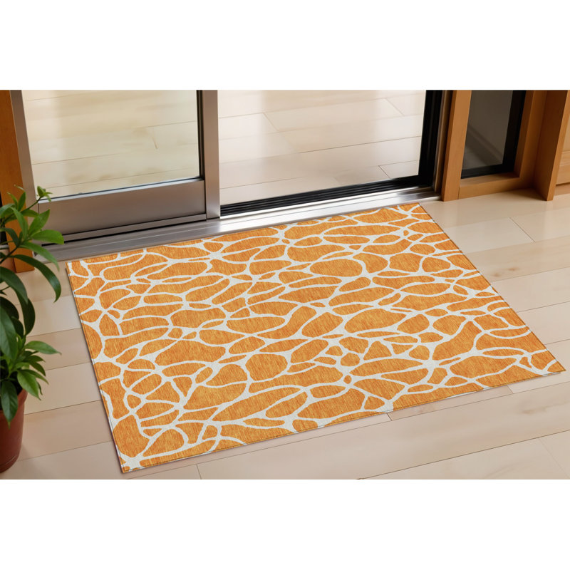 3' X 5' Orange And Ivory Geometric Washable Indoor Outdoor Area Rug