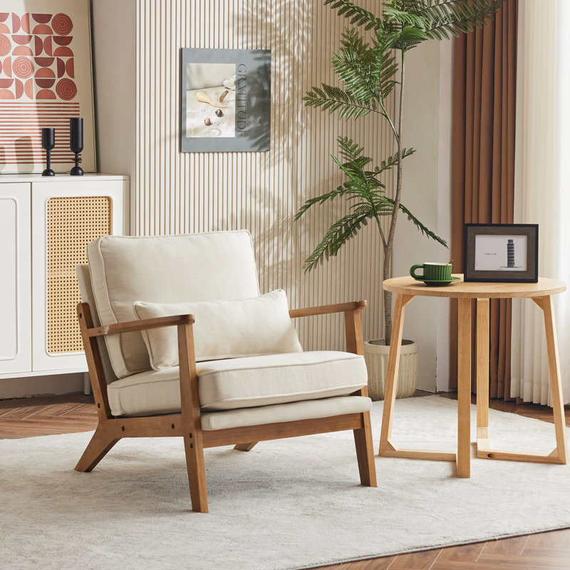 Lemley Upholstered Accent Chair With Wooden Legs And One Pillow, Beige Linen