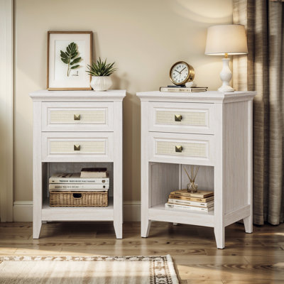 Wood Accent Boho Nightstand With 2 Rattan Drawers