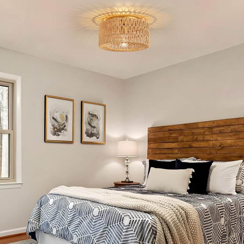 Boho Flush Mount Ceiling Light Fixture, Woven Rattan Chandelier With 360° Light Effect For Hallway, Bedroom, Kitchen, Living Room, Farmhouse Decor