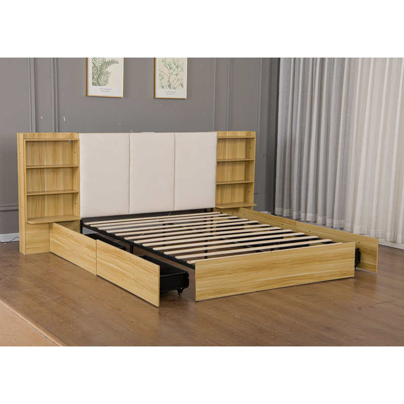 Cadre de lit plateforme en métal Queen Size avec tête de lit de rangement, station de chargement USB et lumière DEL, jaune