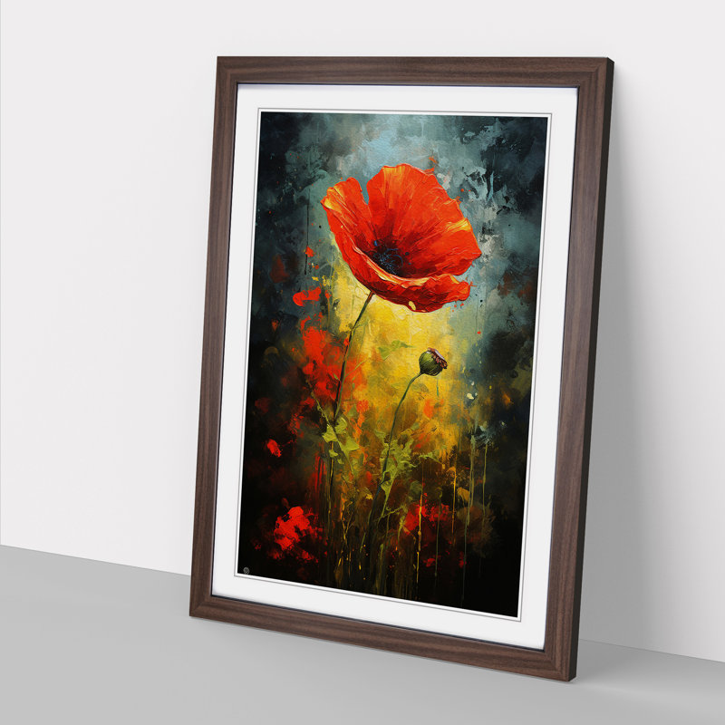 XYZ-FRM-V1223-5302 Poppy Flower Modern - Single Picture Frame Print on Wood, Walnut, 64cm H x 46cm W x 2cm D