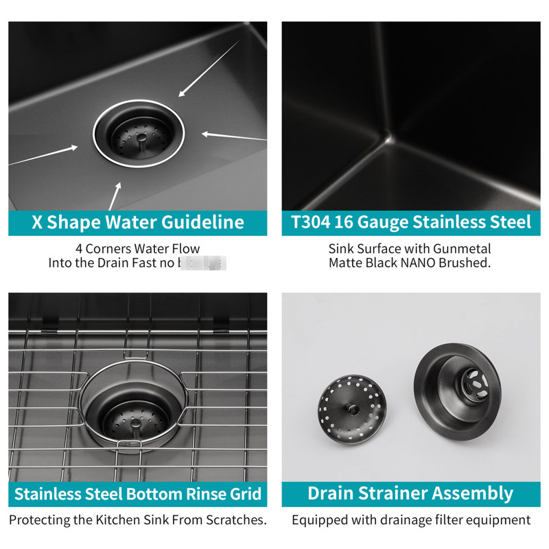 30"X18"X10" Undermount Sink In Gunmetal Black, Sus304 Stainless Steel, With Bottom Rinse Grid And Scratch Surface 30 Inch X 18 10 Black Sink, 16 Gauge Single Bowl For A Stylish Kitchen Look