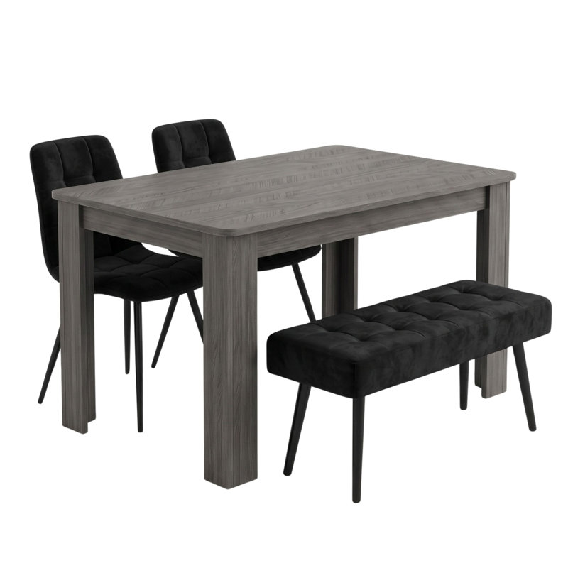 Dining Table Set with Arrow Charcoal Table, 2 Black Velvet Chairs and Velvet Bench 4 Seater