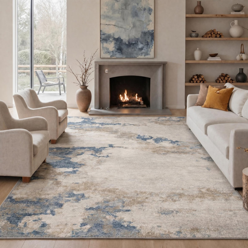 Tapis crème / bleu abstrait lavable à la machine avec envers antidérapant, Rectangle 6 pi x 9 pi